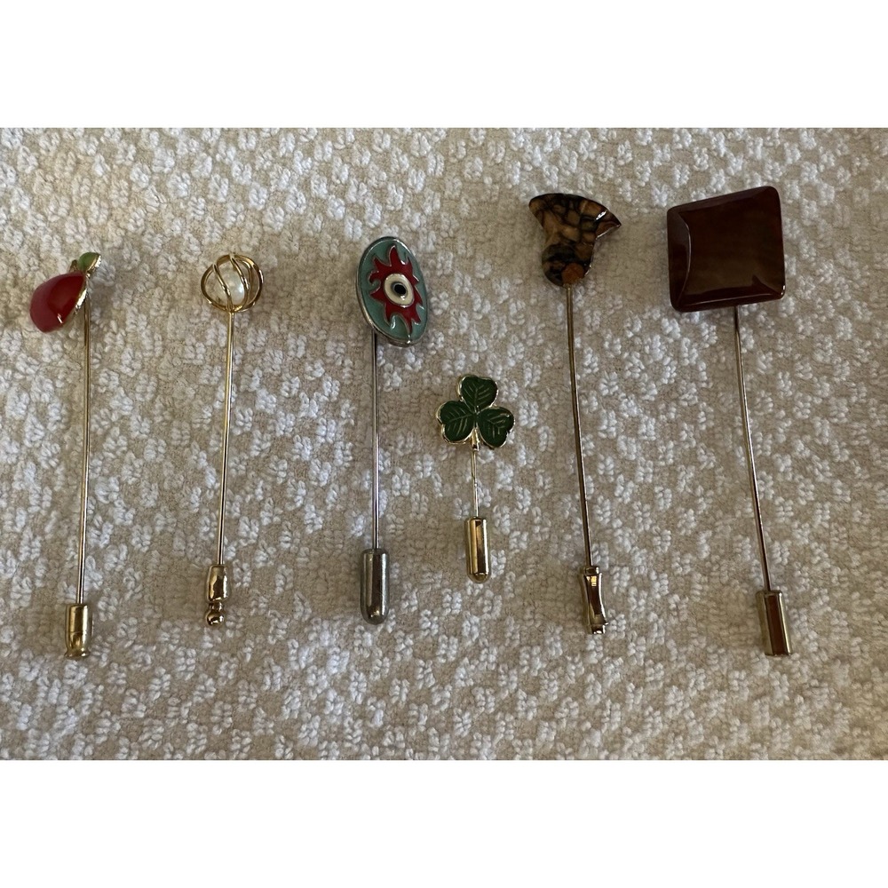 Vintage Lot Of 6 Stick Pins, Enamel, Pearl, Apple, Shamrock And Various Stones